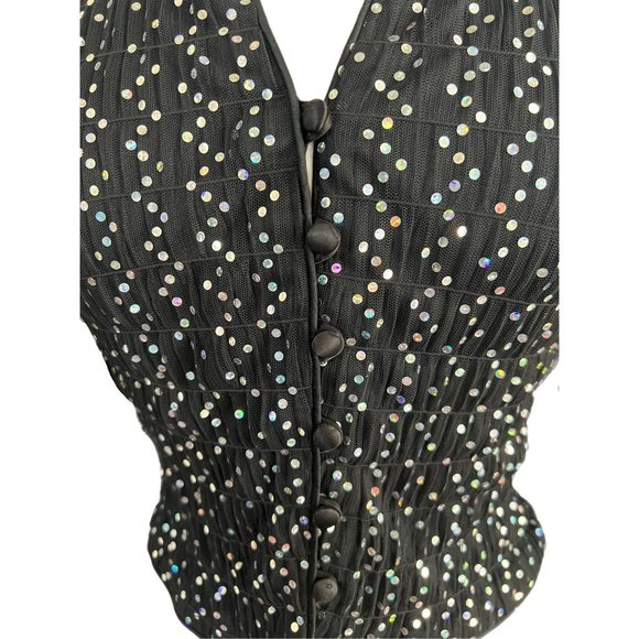 Vintage Patra Black/Silver Sequin Button Up Crop Top | Size 4 - Picture 3 of 7